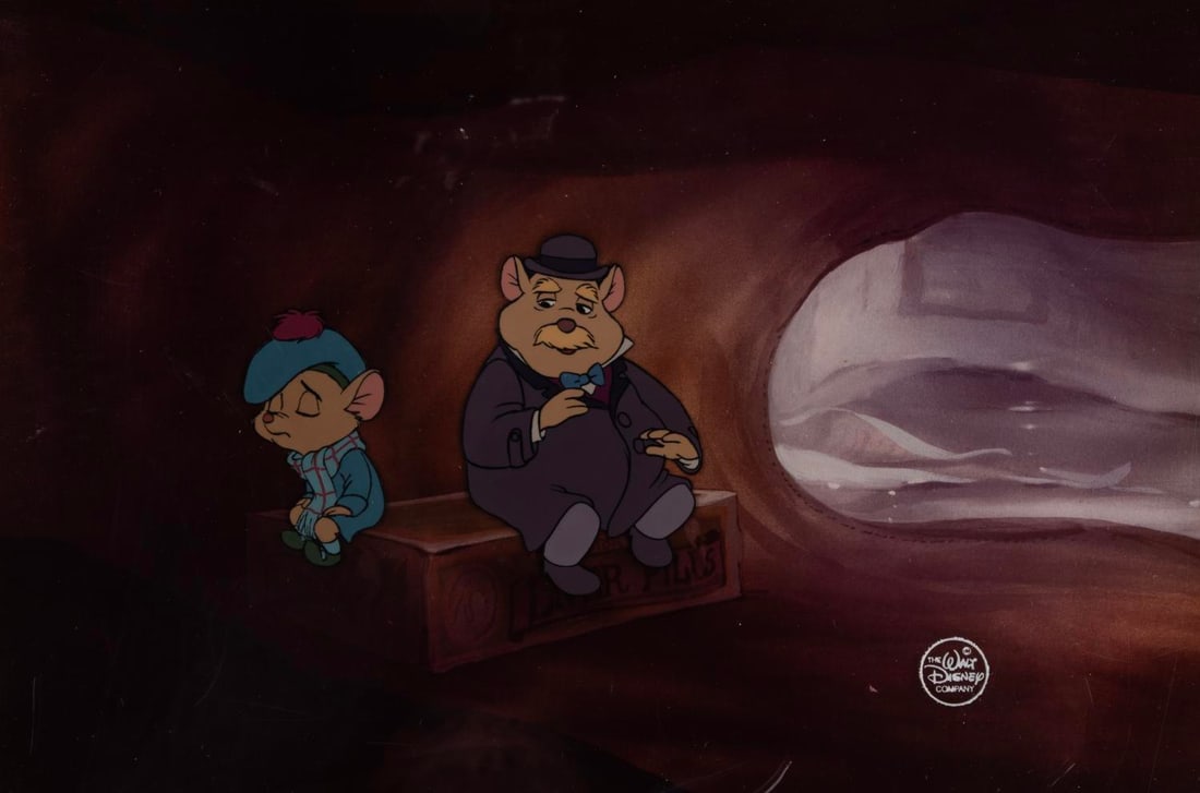 A "The Great Mouse Detective" Production Cel.: (Disney, 1986) An original production cel of Olivia and Dawson from "The Great Mouse Detective" presented with a scene-matching color copy background. With a character image size of 3.5" x 4.5" on the