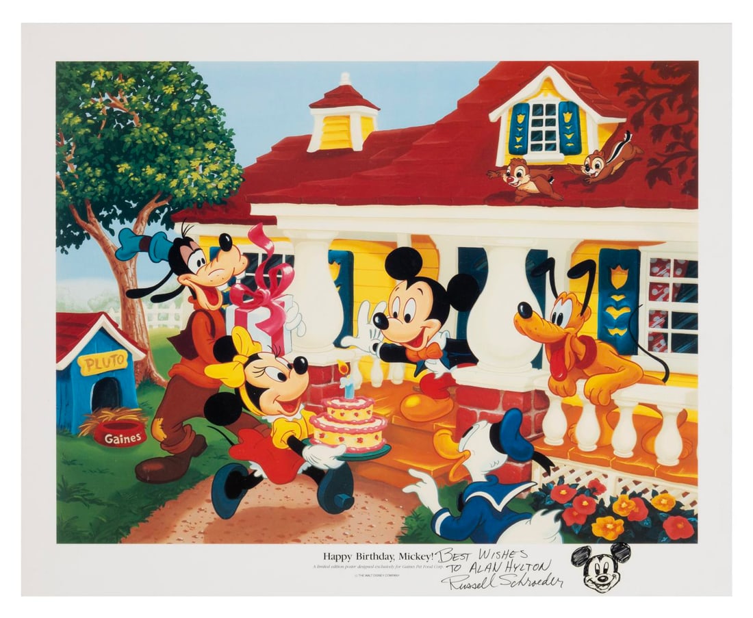 A Disney Poster Signed by Artist Russell Schroeder.: (Disney, 1990s) A "Happy Birthday, Mickey!" poster designed exclusively for Gaines Pet Food Corp., hand-signed with a dedication by Disney artist Russell Schroeder. Measuring 16" x 20", this limited