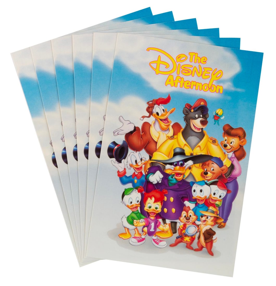A Set of Disney Afternoon Postcards.: (Disney, 1991-93) A set of six postcards for The Disney Afternoon programming block featuring "DuckTales," "Chip 'n Dale Rescue Rangers," "Darkwing Duck," and "TaleSpin." Measuring 4.25" x 6.5", the p