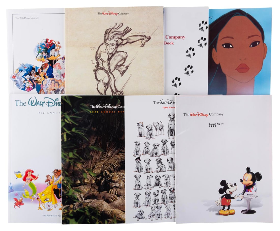 A Collection of Walt Disney Company Annual Reports.: (Disney, 1990s) A collection of seven Walt Disney Company annual reports from the 1990s, each giving an overview of the year?s accomplishments, and projections for the next. Included are 1992 thru 199