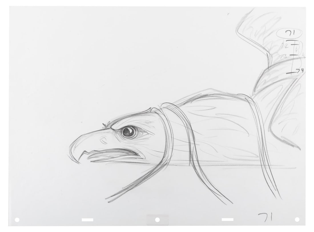A "Rescuers Down Under" Marahute Production Drawing.: (Disney, 1990) An original production drawing of Marahute the golden eagle from "The Rescuers Down Under." Marahute has an image size of 11" x 13.5" on 12.5" x 17" animation paper. The pencil drawing 