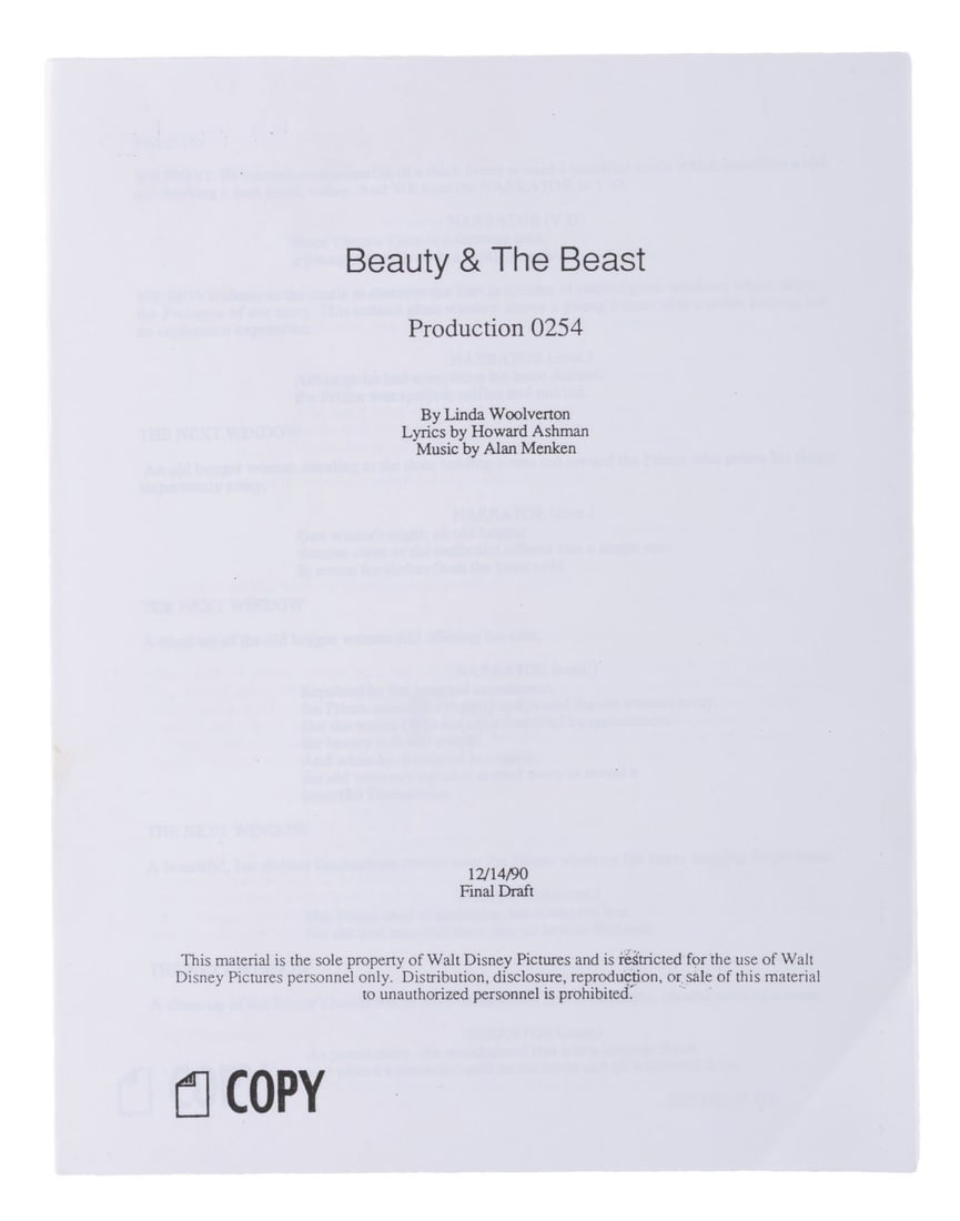 A "Beauty and the Beast" Script.: (Disney, 1990s) A final draft script for "Beauty and the Beast." Dated December 14, 1990 - nearly a year before the film?s premiere - this records the full version of "Beauty and the Beast" at that ti