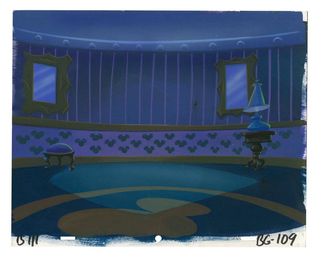 A "Bonkers" Original Production Background.: (Disney, 1993) An original production background from the "I Oughta Be in Toons" episode of "Bonkers" with hidden Mickeys in the design. Measuring 10.5" x 13" overall, the background is in very good