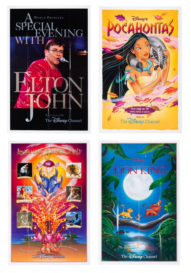 A Disney Channel Poster Collection.: (Disney, 1995-97) A collection of four posters promoting programming on The Disney Channel. Included are one for "The Lion King," one "Lion King"-themed animal programming poster, one "Pocahontas,"