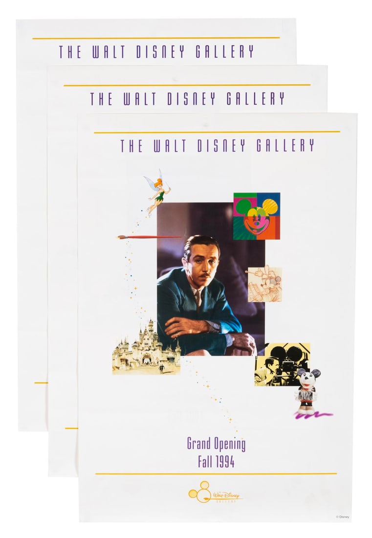A Trio of Walt Disney Gallery Grand Opening Posters.: (Disney Stores, 1994) Three posters for the grand opening of the first Walt Disney Gallery Store at the Main Place Santa Ana Mall. This "high-end" spin-off of the Disney Store featured unique