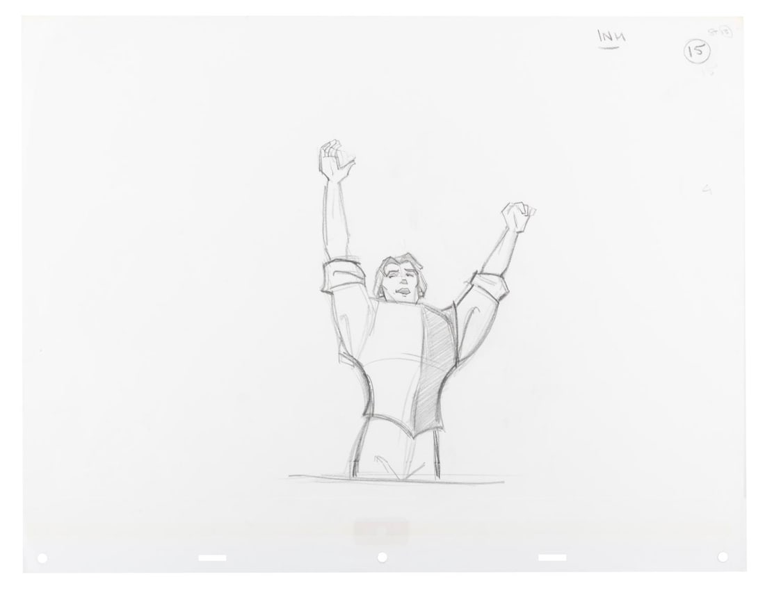 A "Pocahontas" John Smith Layout Drawing.: (Disney, 1995) An original layout drawing of John Smith from "Pocahontas." Accomplished in graphite, John has an image size of 8" x 5.75" on 13" x 17" animation paper. The artwork is in good
