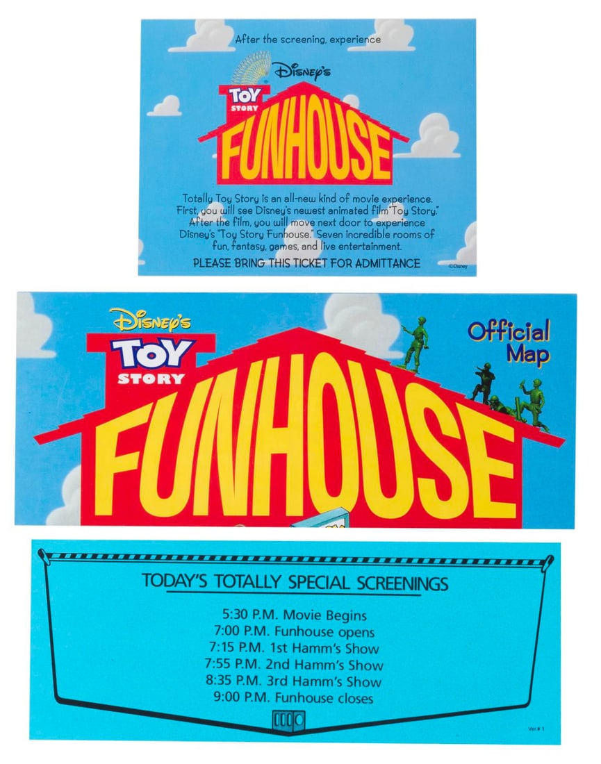 A Collection of "Toy Story" Fun House Ephemera.: (Disney, 1995) A collection of handouts from the short-lived Toy Story Funhouse in Hollywood. Accompanying the premiere of "Toy Story," the Funhouse presented three stories of live entertainment and