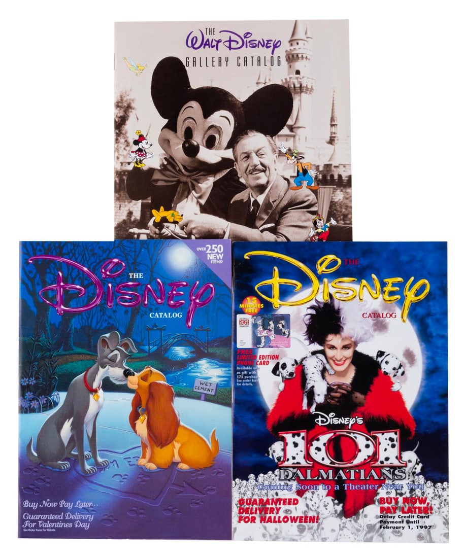 A Trio of 1990s Disney Catalogs.: (Disney, 1996-99) Three 1990s Disney Catalogs. Included are Disney Catalogs from 1996 and 1998, and a rare Walt Disney Gallery catalog from 1997. All three are in very good condition with typical hand