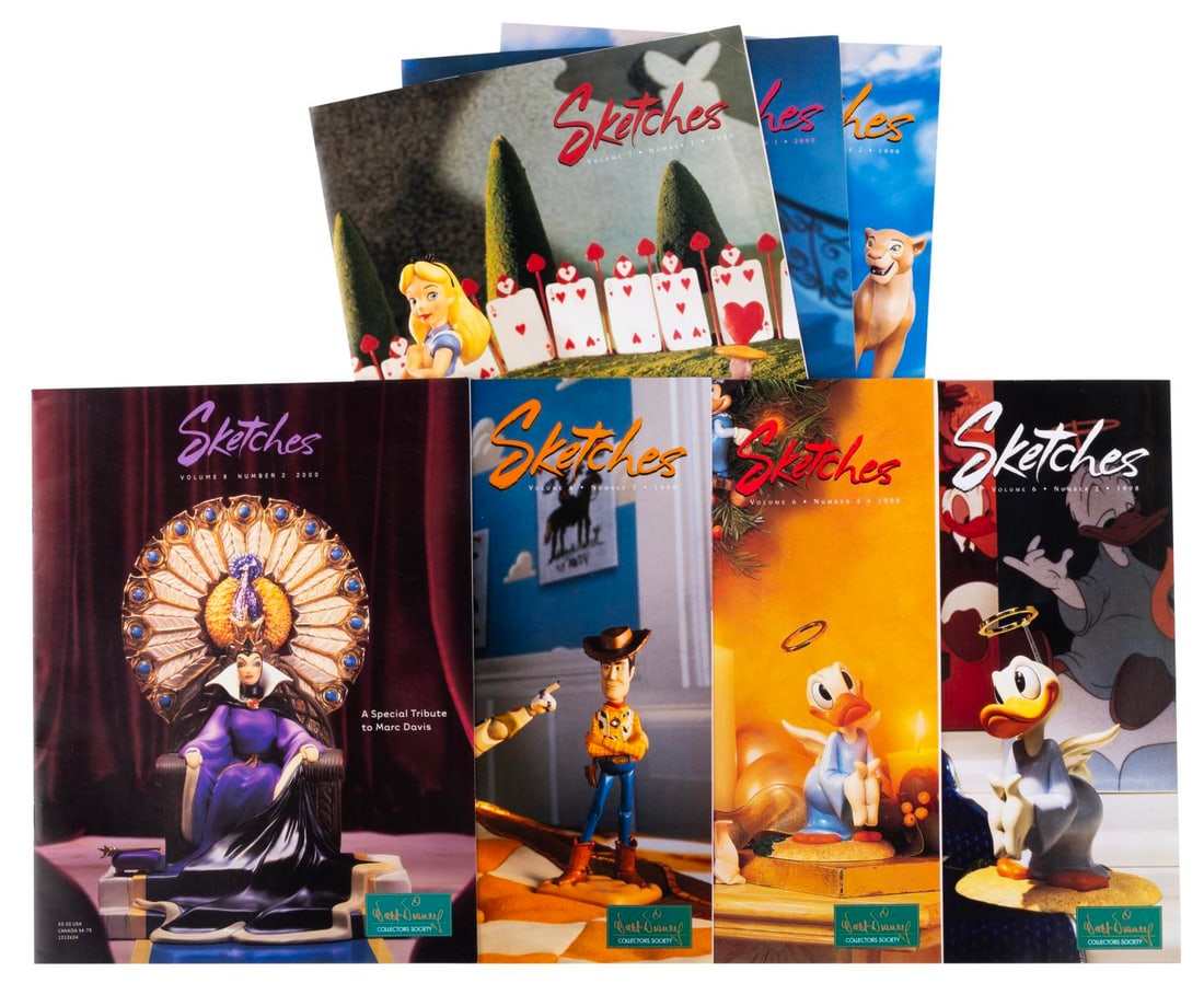 A Collection of Walt Disney Collectors Society Sketches Magazines.: (Walt Disney Collectors Society, 1996-2000) A collection of seven Sketches magazines, featuring articles on the figurines released by the Walt Disney Collectors Society, and the films and artists who