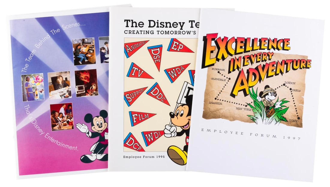 A Collection of Disney Employee Forum Magazines.: (Disney, 1992-97) A collection of four Disney Company Annual Employee Forum programs, giving an overview of the Company's success of the year 1992, 1995, and 1997, while also detailing future plans.