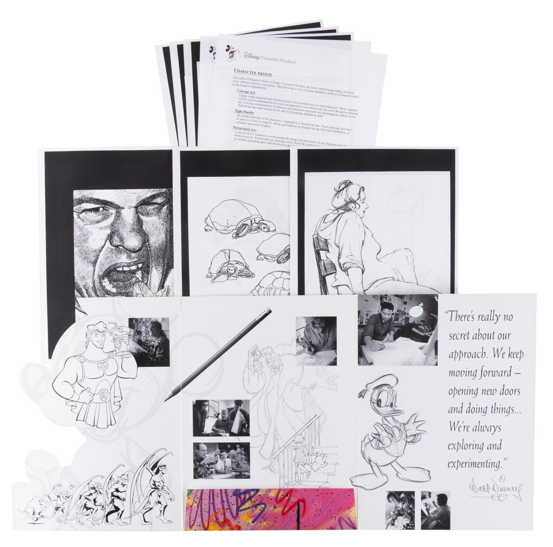 A Disney Consumer Products Potential Applicant Folder.: (Disney, 1990s) A folder from Disney Consumer Products detailing the portfolio and skill requirements for hopeful character artists, designers, and art directors for the department. Alongside the