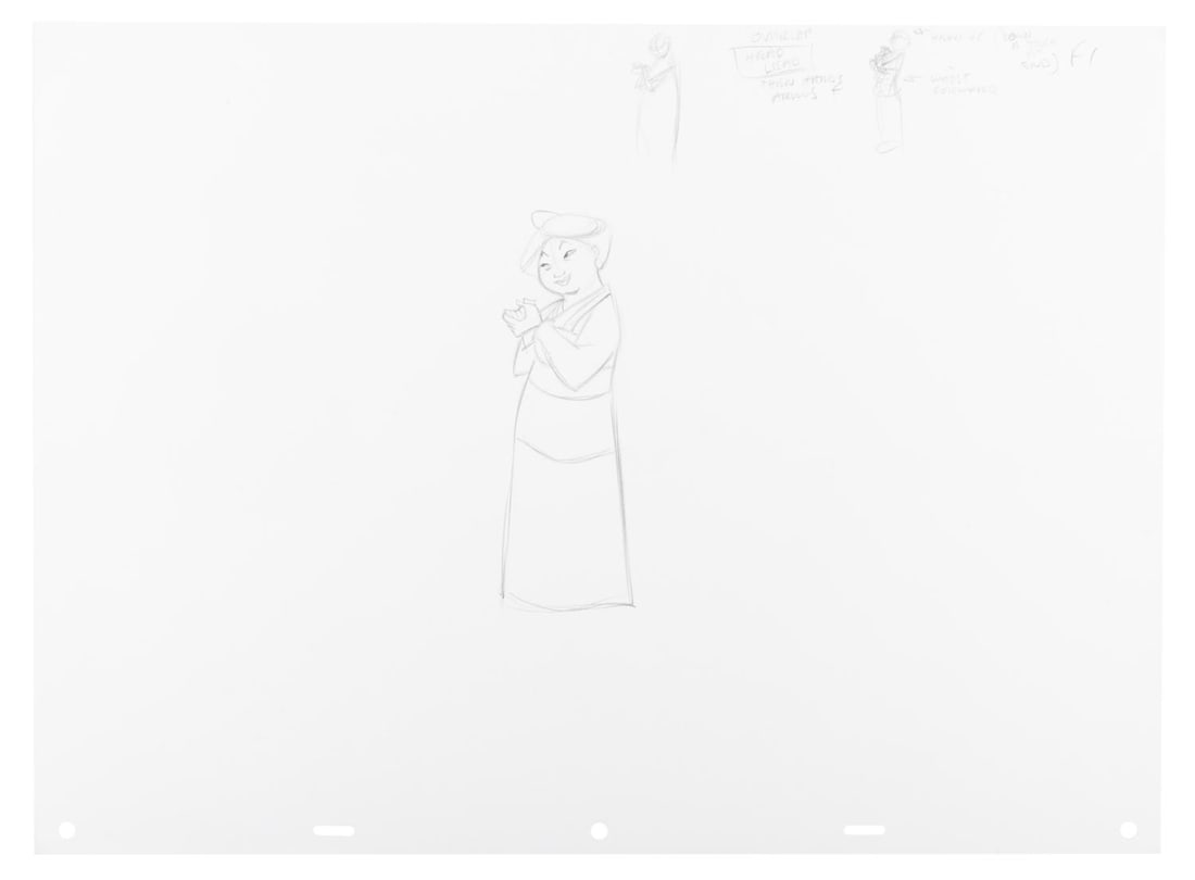 A "Mulan" Hua Li Production Drawing.: (Disney, 1998) An original production drawing of Hua Li, Mulan?s mom, from Disney?s "Mulan." Hua Li has an image size of 6" x 2.25" on 12.5" x 17" animation paper, along with some thumbnail sketches