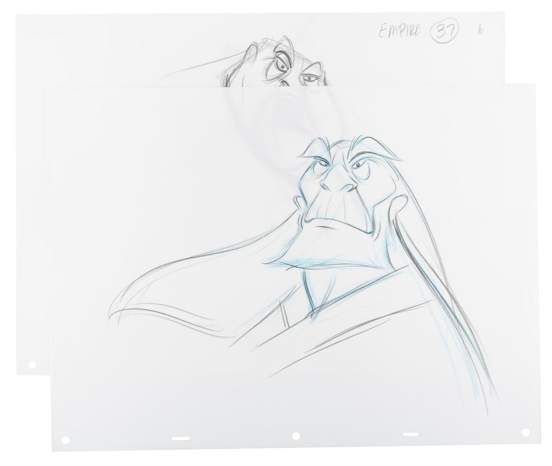 A Pair of "Mulan" Ancestor Production Drawings.: (Disney, 1998) A pair of original production drawings of two Fa family ancestors from "Mulan." The ancestors have image sizes of 8" x 10.5" and 10" x 14" on 12.5" x 17" animation paper. The colored