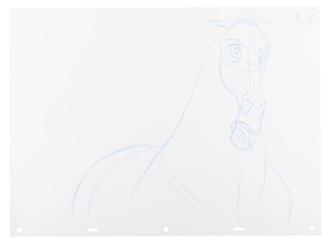A "Mulan" Khan Production Drawing.: (Disney, 1998) An original production drawing of Mulan?s horse Khan from Disney?s "Mulan." Khan has an image size of 12" x 12" on 12.5" x 17" animation paper. The blue pencil drawing is in very good
