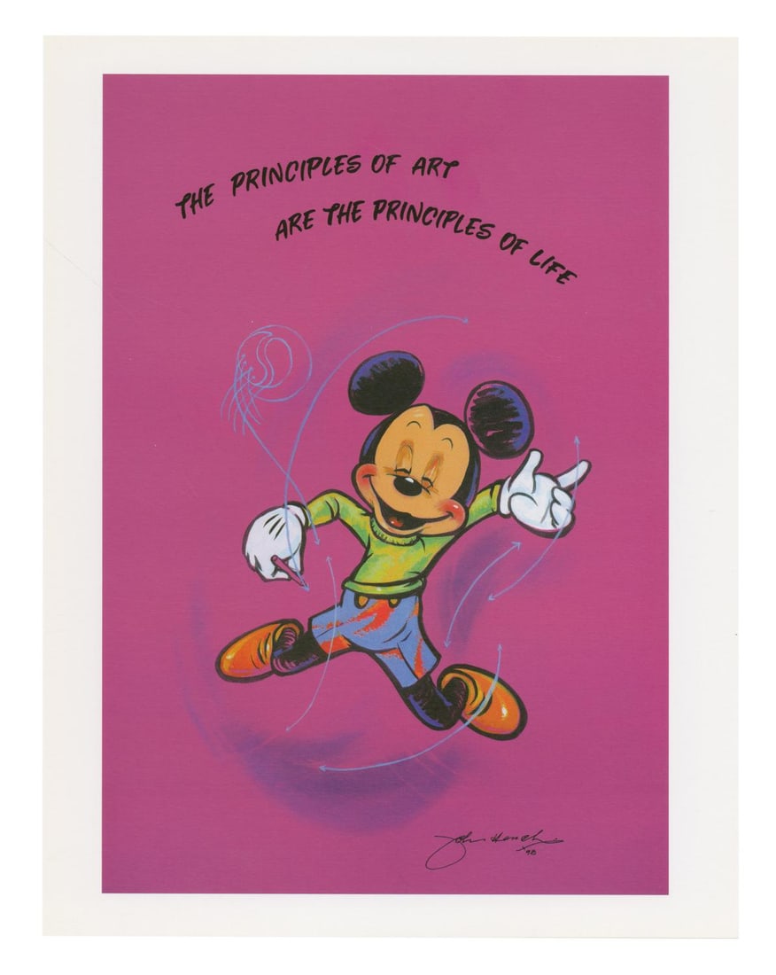A Mickey Mouse Motivational "Principles" Print.: (WDI, 1998) An original motivational print featuring Mickey Mouse explaining that "the principles of art are the principles of life!" The print was designed by Disney Legend John Hench, an Imagineer,
