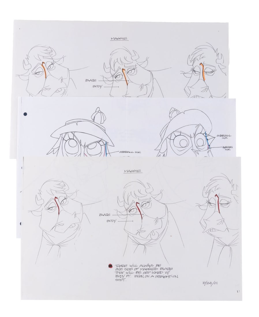 Production-Used "Home on the Range" Color Call-Out Copies.: (Disney, 2002) Three xerox copies of "Home on the Range" character drawings used during production for color call-outs and separations. Included are two copies of a Maggie shading guide and one of