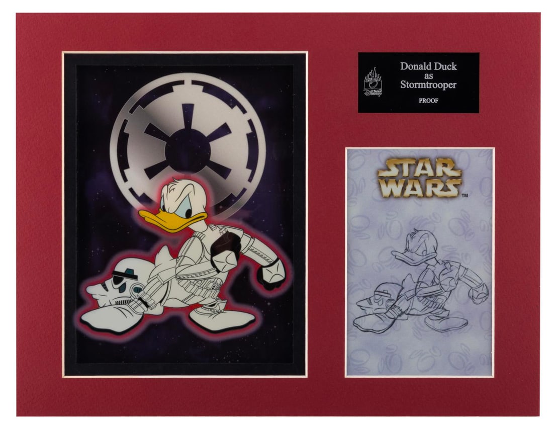 A Stormtrooper Donald Duck Laser Cel.: (Disney, 2008) A laser cel of Donald Duck as a Stormtrooper from "Star Wars," released in a limited edition of 500. Measuring 6" x 8" in a 10" x 13" matte, the laser cel is in fine condition.