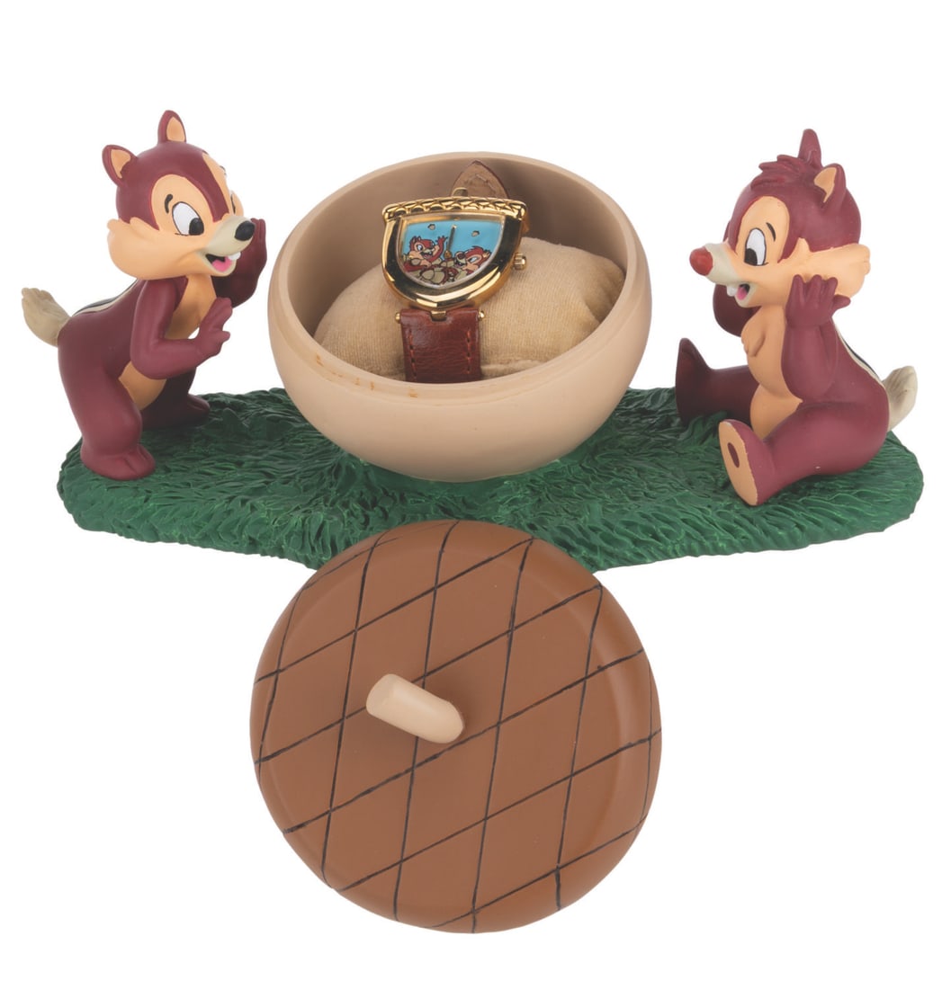 A Chip 'n' Dale Watch and Figural Display Box.: (Disney Catalog, 1990s) A limited edition Chip 'n' Dale watch with a figural acorn case, released in a limited edition of 1500 exclusively through the Disney Catalog. The watch face displays the chipm