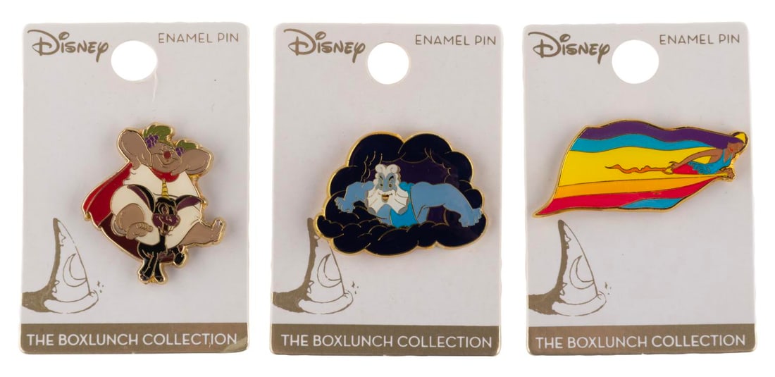 Three Pastoral Symphony "Fantasia" Enamel Pins.: (Loungefly, 2018) Three Pastoral Symphony pins of Bacchus, Iris the Goddess, and Zeus, from the "Fantasia" BoxLunch pin series, released by Loungefly. The pins are in fine condition on the original ca