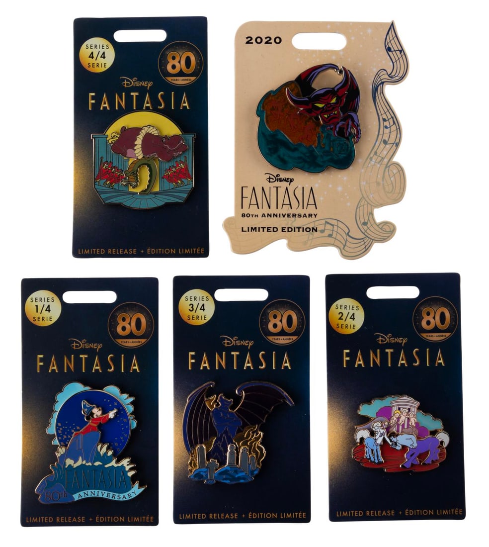 A Collection of "Fantasia" 80th Anniversary Pins.: (Disney, 2020) A collection of five "Fantasia" 80th anniversary pins including a set of four limited release pins, and a Limited Edition 3000 pin released exclusively at Walt Disney World. The pins ar