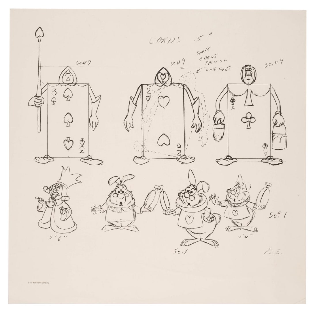An "Alice in Wonderland" Character Model Print.: (Disneyland Hotel, 2000s) A high-quality print of concept artwork from "Alice in Wonderland" featuring the White Rabbit, King of Hearts, and the Card Guards. This was likely displayed as decor at the