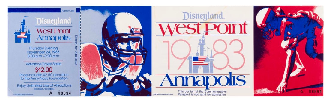 A West Point Annapolis Game Event Night Advance Ticket.: (Disneyland, 1983) A Disneyland event ticket from the 1983 West Point vs. Annapolis Army-Navy game. Featuring patriotic red and blue imagery of football players, the ticket has a special event logo