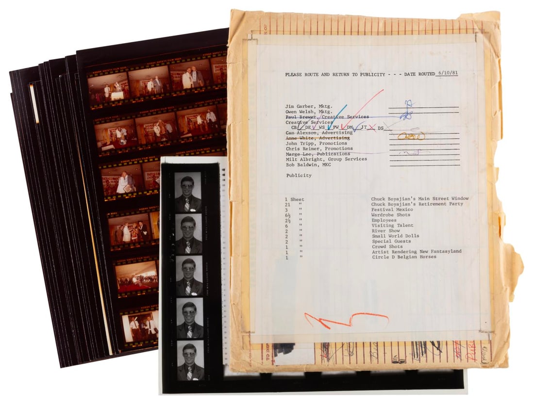 A Set of Chuck Boyajian?s Retirement Party Contact Sheets.: (Disneyland, 1981) A collection of twenty-four Disneyland Entertainment Photo Proof Sheets in their original departmental routing envelope. Included are twenty-one contact sheets of images from Chuck 