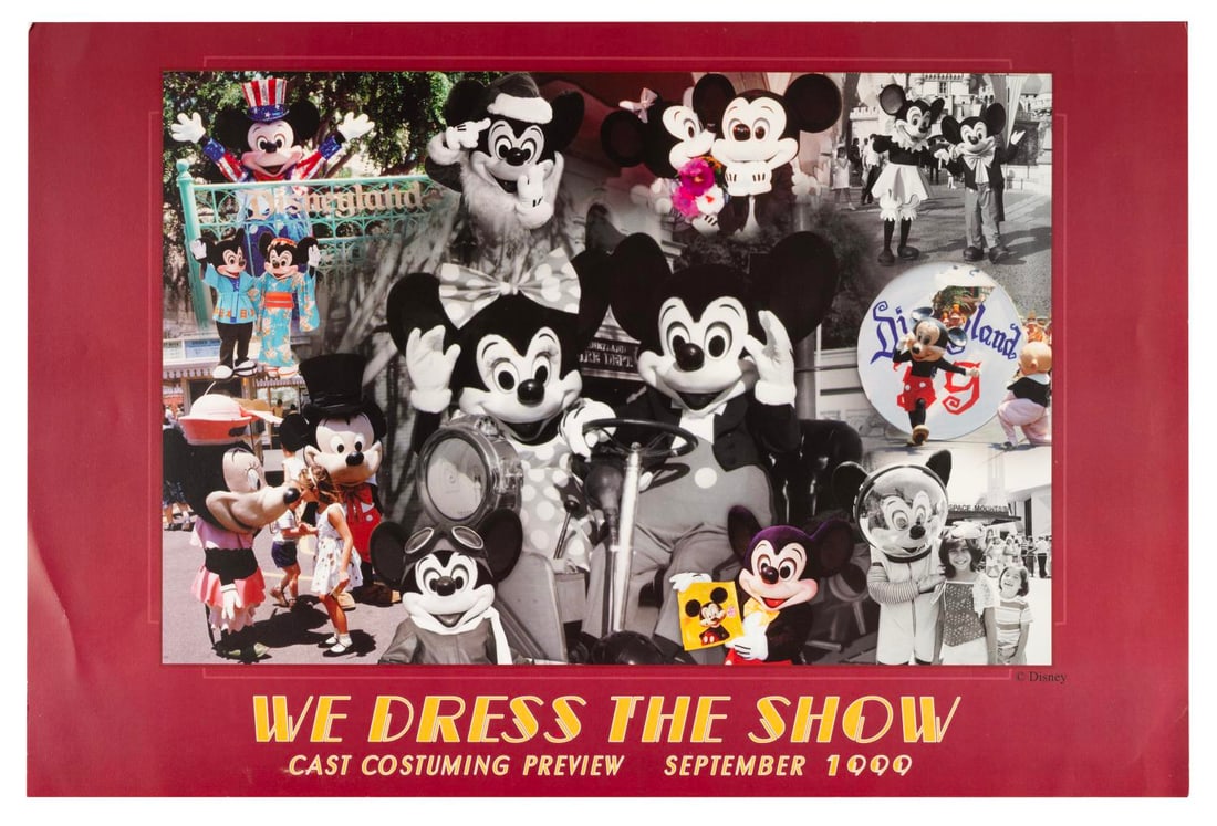 A "We Dress The Show" Cast Member Poster.: (Disneyland, 1999) A Wardrobe Department poster for a Cast Member preview of upcoming costuming at the Park. Measuring 12" x 18", the poster is in good condition with creases, scratches, and edge wear