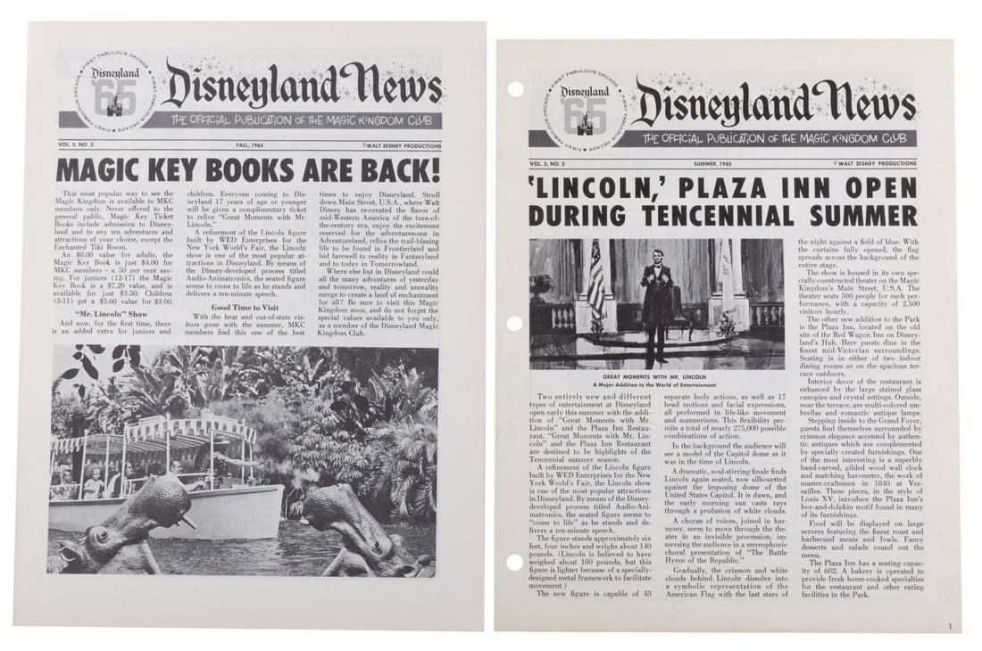 A Pair of Disneyland News Tencennial Issues.: (Disneyland, 1965) A pair of Tencennial Magic Kingdom Club "Disneyland News" newsletters. Measuring 8.5" x 11", the newsletters are in very good condition with light discoloration and one punched for