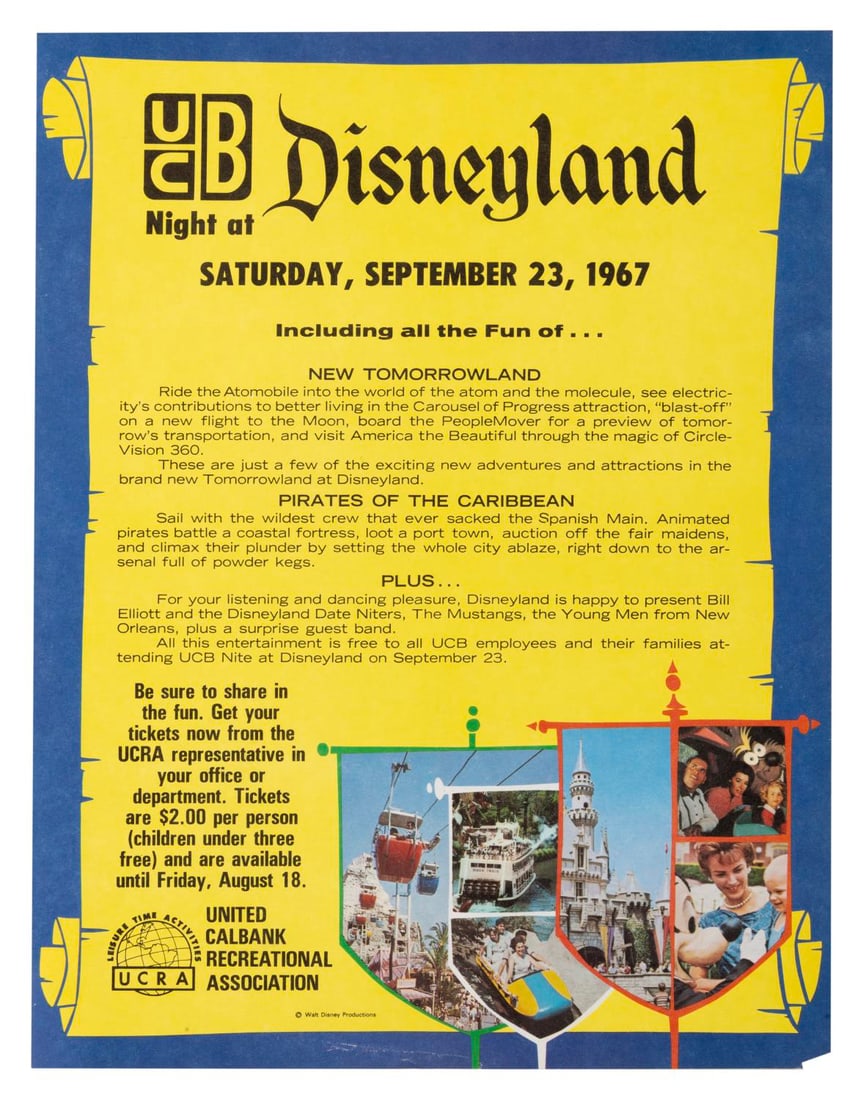 A "UCB Night at Disneyland" Flyer.: (Disneyland, 1967) A flyer for "UCB Night" for employees of United Calbank and their families to spend a private evening at Disneyland. Measuring 8.5" x 11" the flyer is in good condition with light