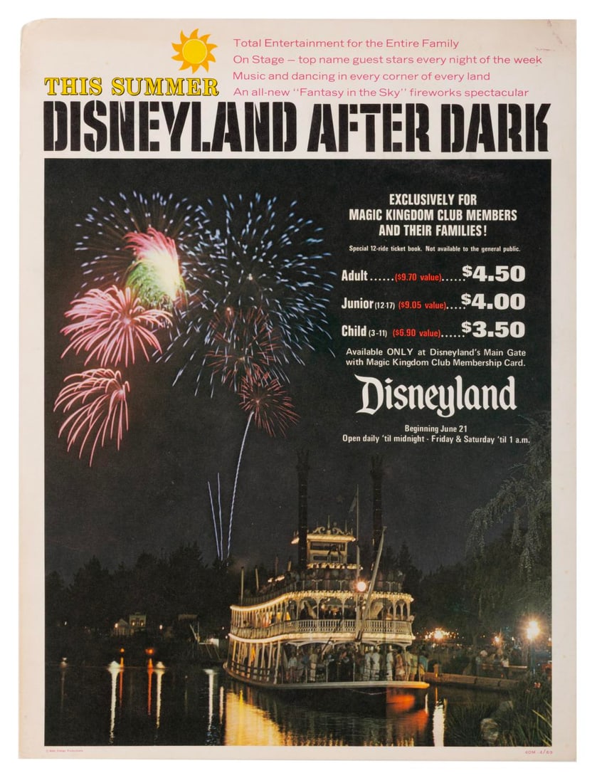 A Disneyland After Dark Flyer.: (Disneyland, 1969) A flyer promoting the 1969 Magic Kingdom Club prices for Disneyland After Dark events. Measuring 9" x 12", the flyer is in good condition with discoloration, edge wear, creasing,