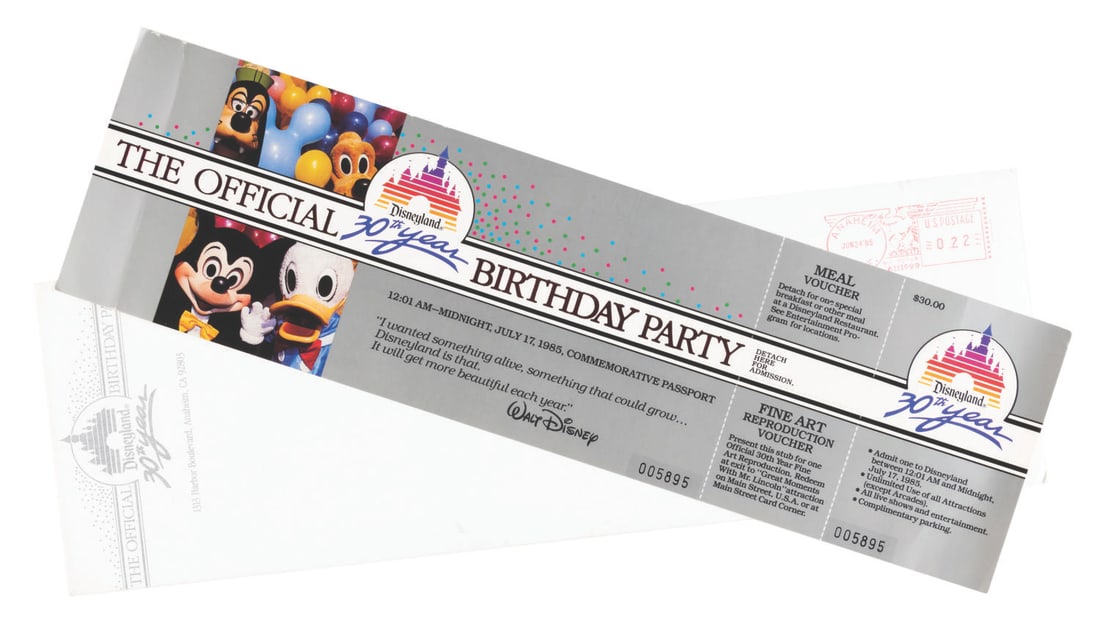 A Disneyland 30th Anniversary Commemorative Passport.: (Disneyland, 1985) A commemorative passport celebrating the "Official 30th Year Birthday Party" of Disneyland, complete with the entry ticket, meal voucher, and fine art reproduction voucher. The