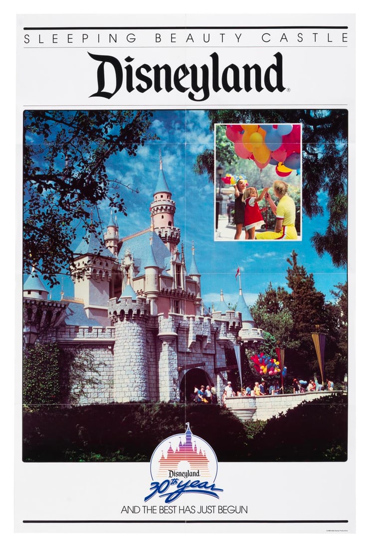 A Disneyland 30th Anniversary Souvenir Poster.: (Disneyland, 1985) A Disneyland 30th anniversary poster featuring Sleeping Beauty Castle. Measuring 19" x 29", the poster is in very good condition with wear along the folds and edge wear.