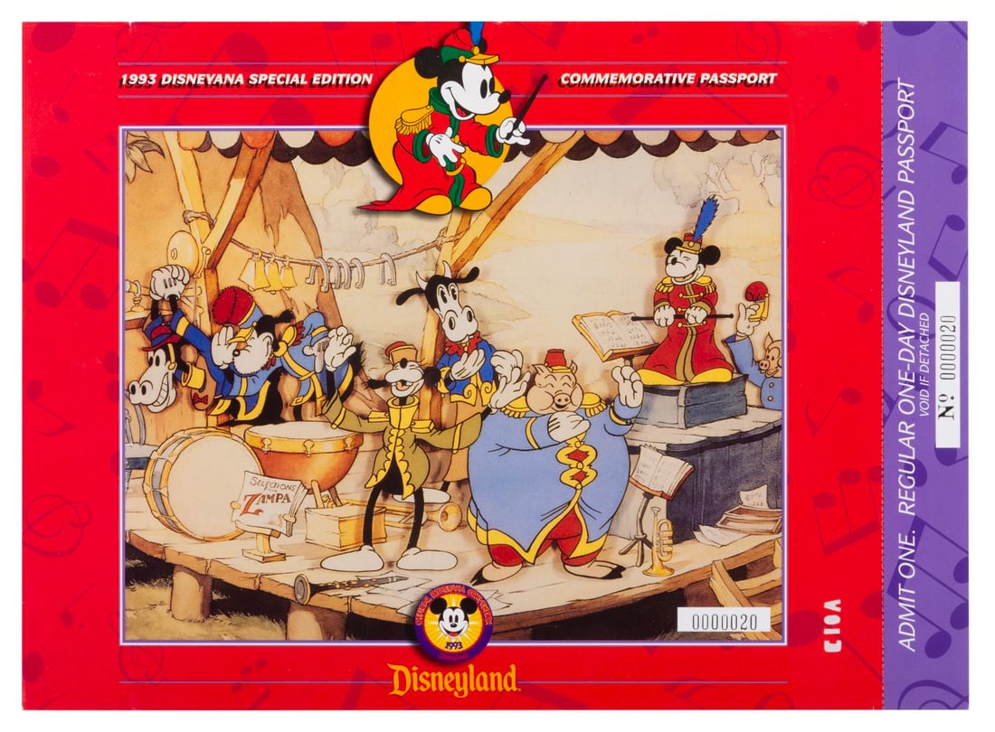 A 1993 Disneyana Special Edition Disneyland Passport.: (Disneyland, 1993) A Special Edition Disneyland One-Day Passport, available at the 1993 Disneyana Convention. The passport retains the stub and is stamped "Void." Measuring 8" x 11", the passport is
