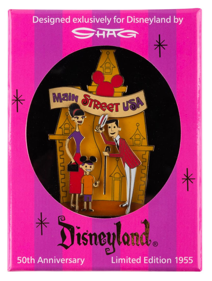 A Disneyland Main Street U.S.A. 50th Anniversary Pin.: (Disneyland, 2005) A Main Street U.S.A. jumbo pin designed by SHAG for Disneyland's 50th Anniversary, released in a limited edition of 1955. Measuring 3.5" x 2.25", the pin is in fine condition with