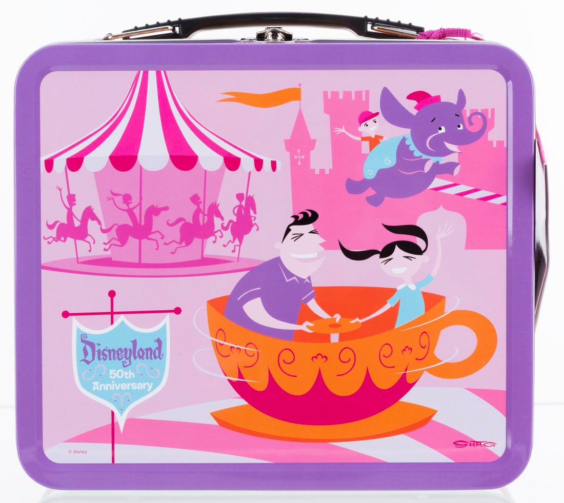 A Disneyland 50th SHAG Lunchbox with Autograph.: (Disneyland, 2005) A Disneyland lunchbox featuring SHAG's mid-century-style for the Park's 50th anniversary. The lunchbox retains an additional hangtag that has been signed by the artist. Measuring 8