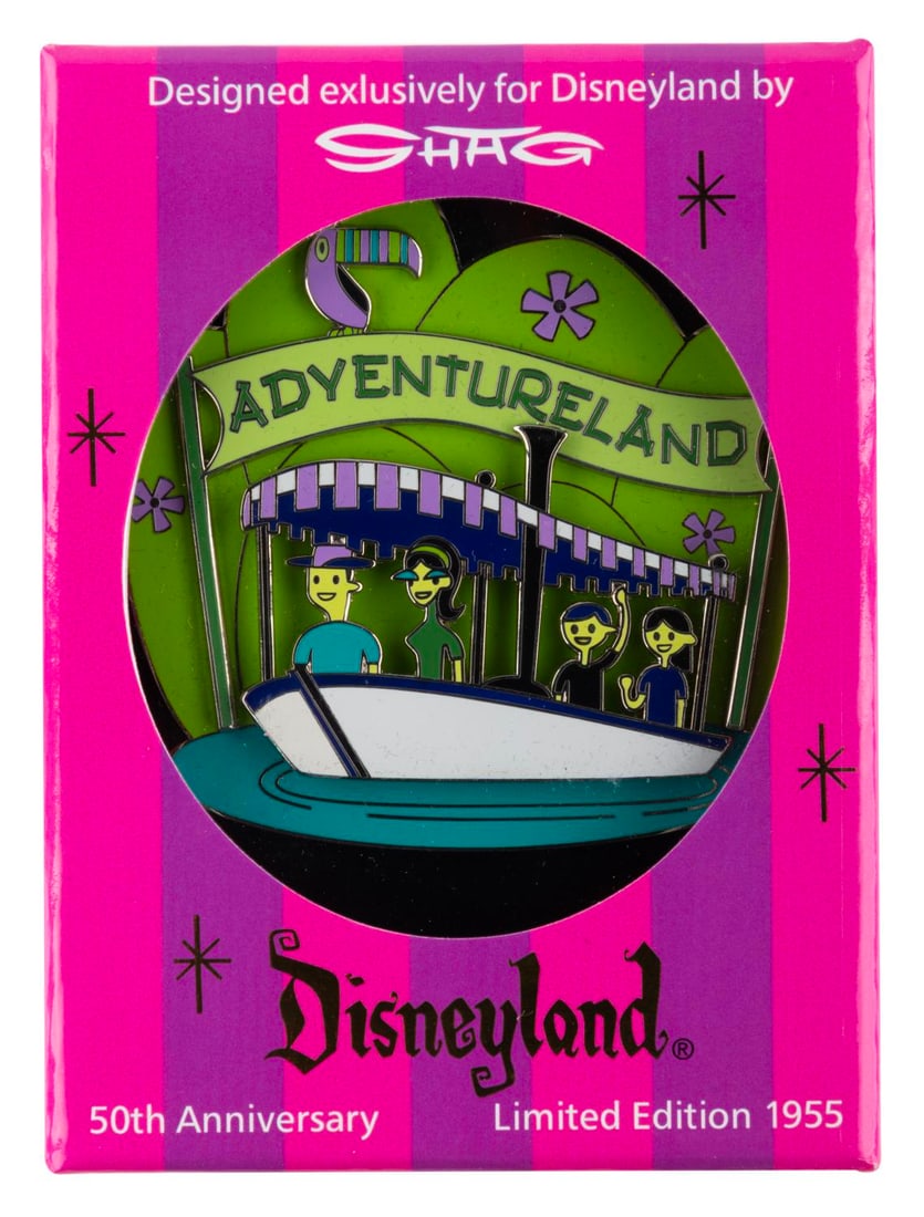 A Disneyland Adventureland 50th Anniversary Pin.: (Disneyland, 2005) An Adventureland jumbo pin designed by SHAG for Disneyland's 50th Anniversary, released in a limited edition of 1955. Measuring 3.5" x 3.5", the pin is in fine condition with the