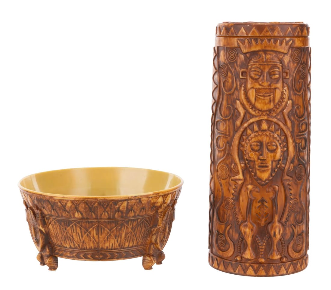 A Disney Parks Tiki Bowl and Sipper Set.: (Disney Parks, 2010s-20s) A souvenir plastic tiki bowl and sipper, based on Walt Disney's Enchanted Tiki Room. Ranging in size from 4.75 " in diameter and 2.5 " tall to 2.75 " in diameter and 7"