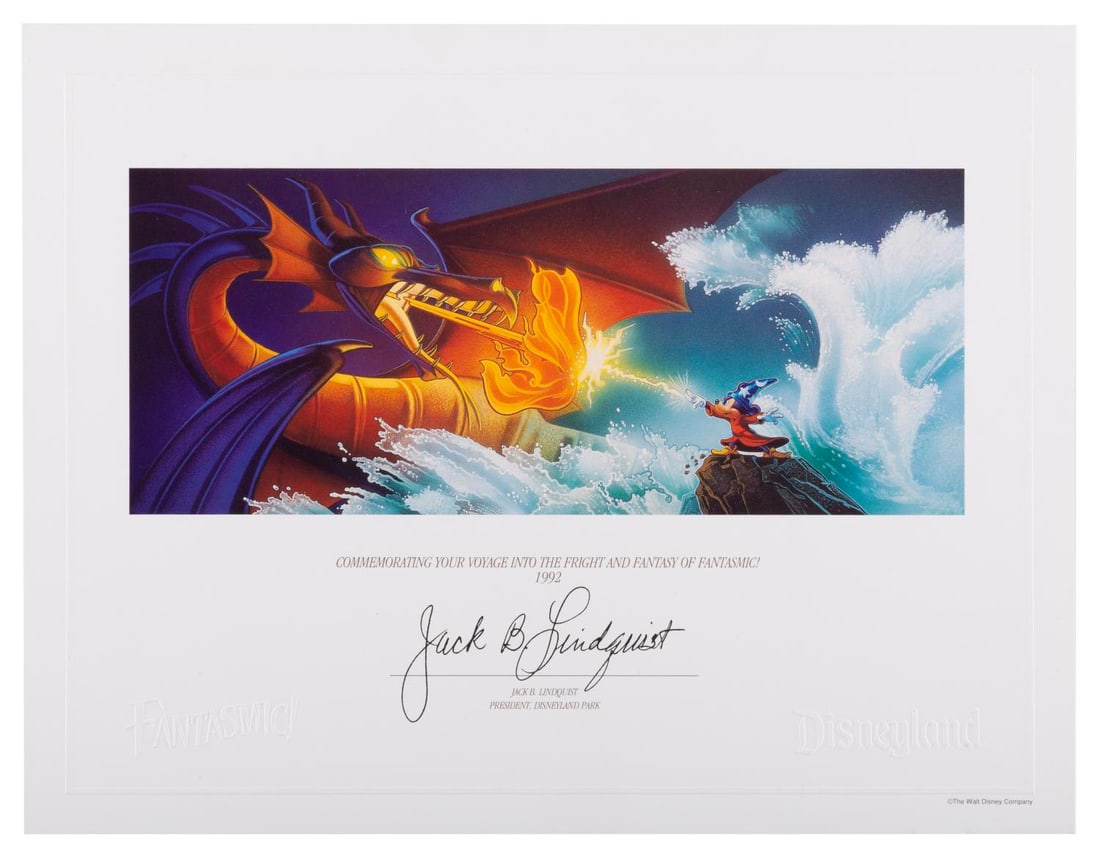 A Fantasmic! Opening Year Certificate.: (Disneyland, 1992) A certificate commemorating the opening year of Fantasmic! at Disneyland. Measuring 8.5" x 11", the certificate displays in very good condition with scratches and light edge wear.