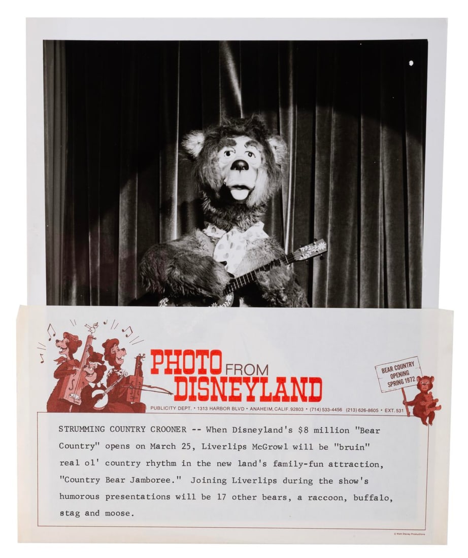 A Country Bear Jamboree Publicity Photo.: (Disneyland, 1972) A Disneyland publicity photo of Liverlips McGrowl from the Country Bear Jamboree. Also included is the original press caption. Measuring 8" x 10" the photo is in fine condition.