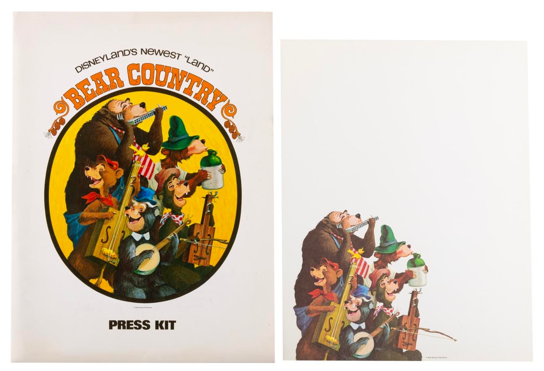 A Disneyland Bear Country Press Kit Folder & Stationery Page.: (Disneyland, 1972) A folder and stationery page, originally part of a press kit for the newly-opened Bear Country at Disneyland. The folder measures 9" x 12" and the page 8.5" x 11", displaying in