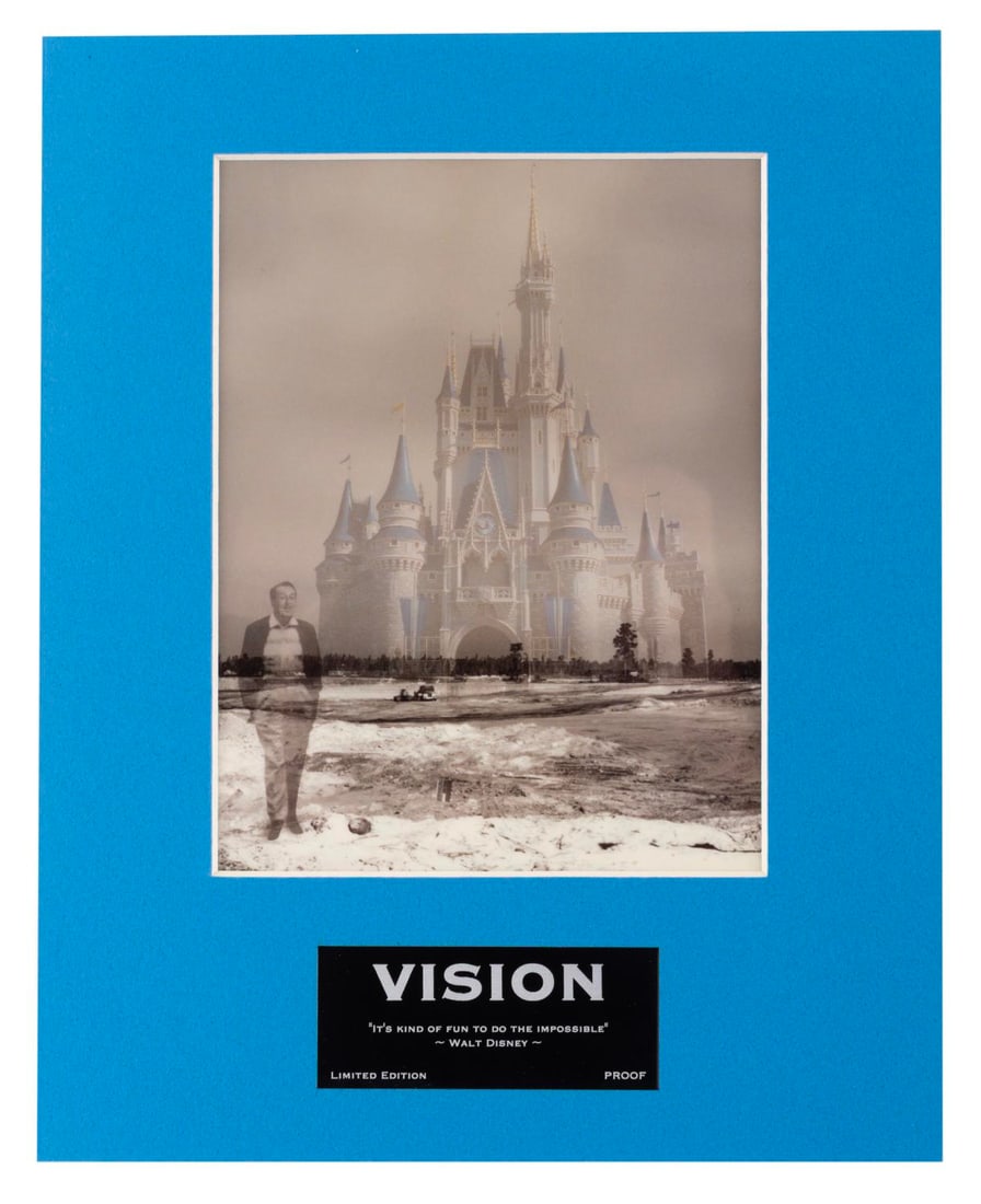 A Walt Disney "Vision" Limited Edition Laser Cel.: (Disney, 2000s) A laser cel of Walt Disney and Sleeping Beauty Castle titled "Vision," released in a limited edition of 500. With a visible image size of 4.75" x 6.25" in an 8" x 10" matte, the laser 
