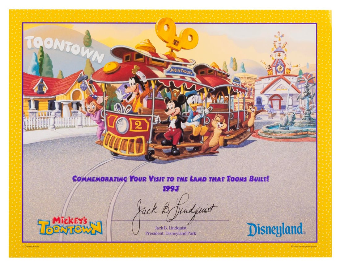 A Mickey's Toontown Commemorative Certificate.: (Disneyland, 1993) A certificate commemorating an opening year visit to Mickey's Toontown. Measuring 8.5" x 11", the certificate is in very good condition with light edge wear.