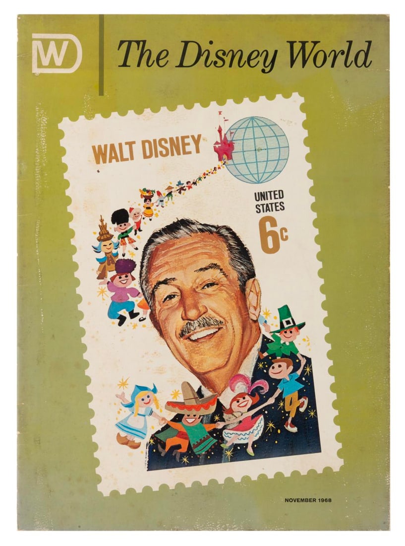 A November 1968 Issue of The Disney World.: (Disney, 1968) A November 1968 issue of The Disney World featuring a cover story on the release of the Walt Disney commemorative stamp. Measuring 8.5" x 11.75", the interior of the magazine is in good
