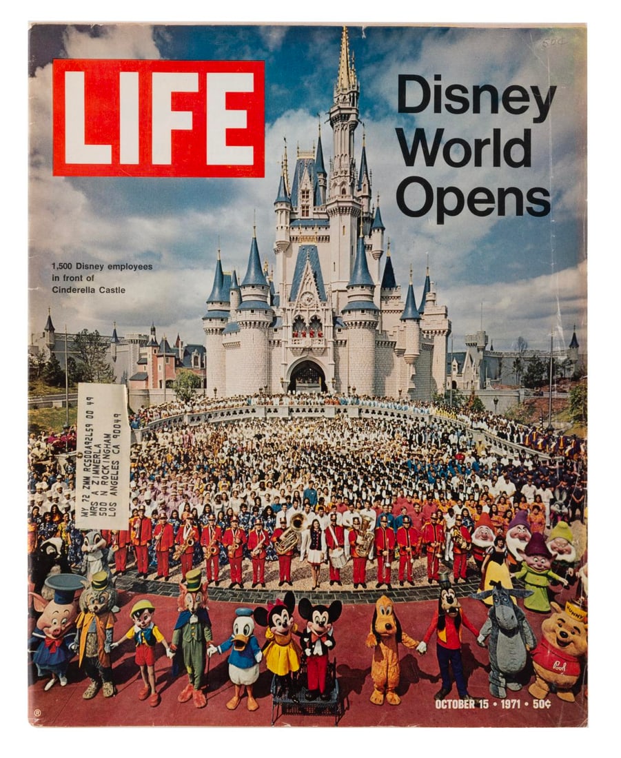 A "Life" Magazine: Disney World Opens Issue.: (Life, 1971) An October 15, 1971 issue of LIFE magazine with a cover story on the opening of Walt Disney World. Measuring 10.5" x 13" the magazine is in fair to good condition with wear from use.