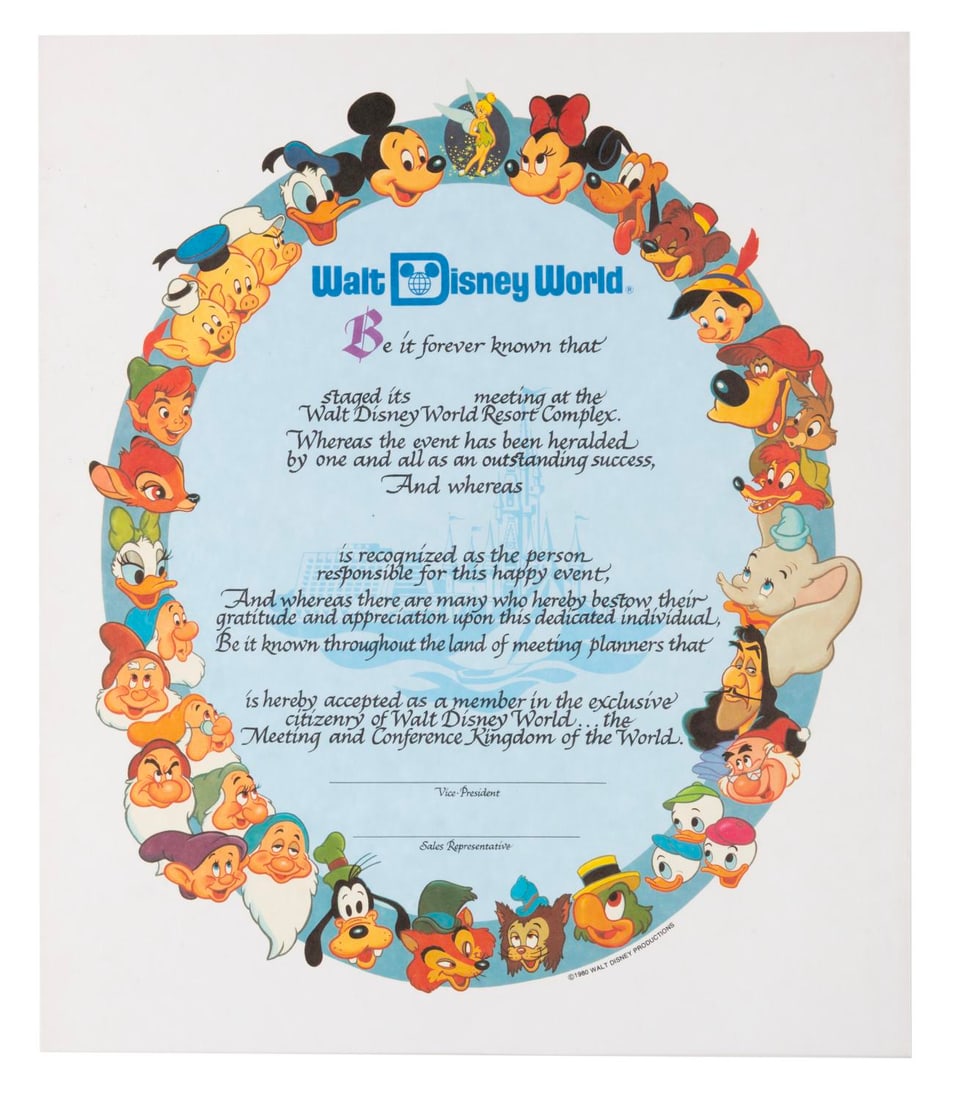 A Walt Disney World Meeting and Conference Certificate.: (Walt Disney World, 1980) An unused certificate of achievement, given to recognize the person responsible for a Corporate event held at the Florida Resort, and name them a "member in the exclusive cit