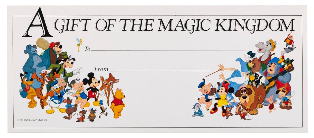 A "Gift of the Magic Kingdom" Certificate.: (Disneyland, 1981) A Gift of the Magic Kingdom envelope featuring Disney characters on the cover, with space inside for a money or ticket gift. Measuring 3.5" x 8.5", the envelope is in very good cond