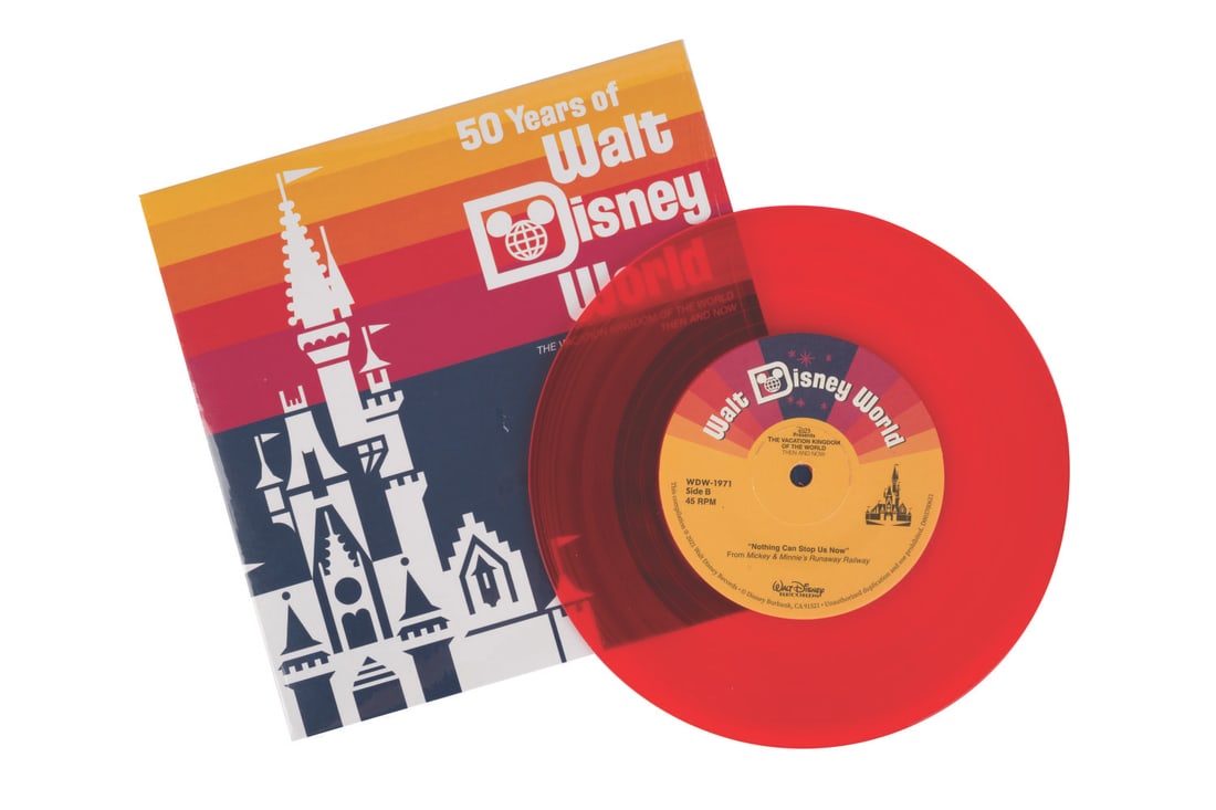 A 50 Years of Walt Disney World Record.: (Walt Disney World, 2020) A vinyl record titled 50 Years of Walt Disney World." Featured are the "Bear Band Serenade," which debuted in 1971, and "Nothing Can Stop Us Now" from Mickey & Minnie?s Runaw