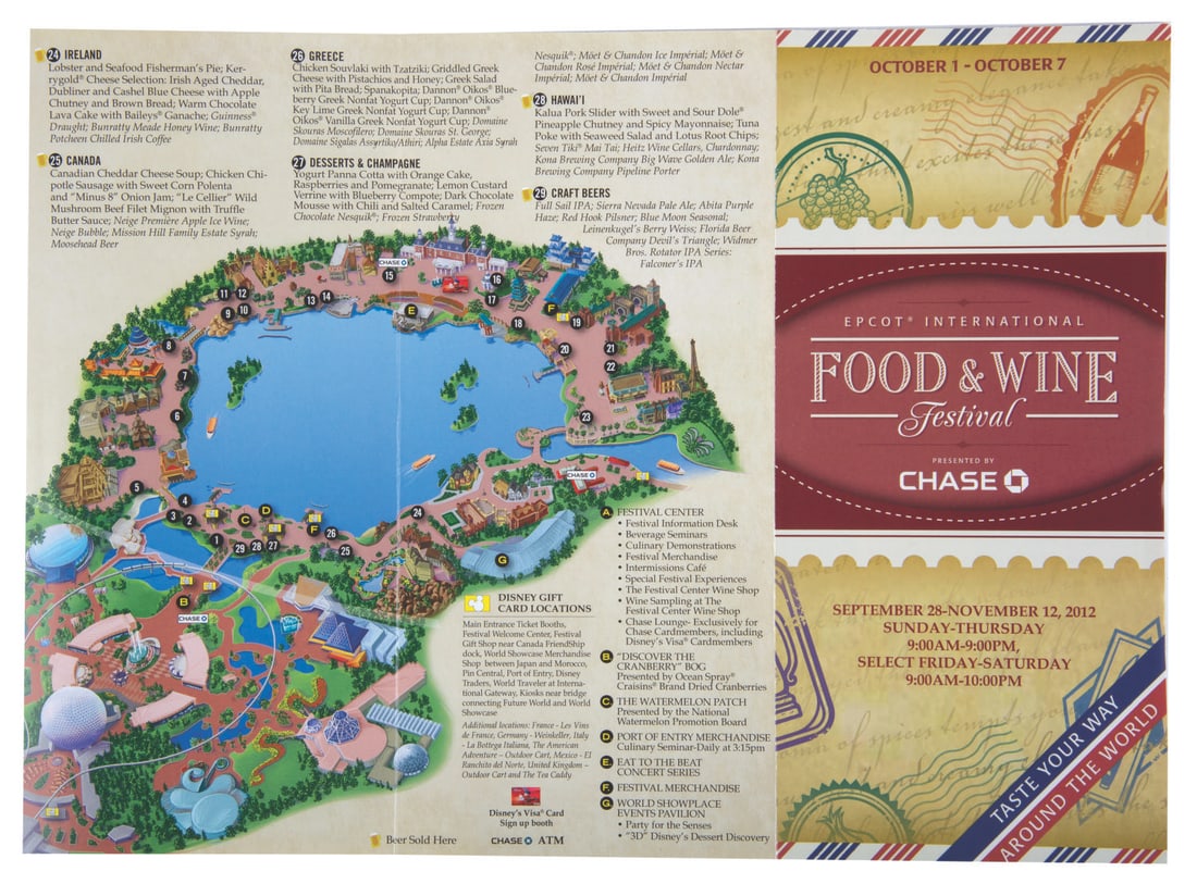 An EPCOT Food and Wine Festival Brochure.: (EPCOT, 2012) An EPCOT International Food and Wine Festival brochure with information and a detailed schedule of the week's events. Measuring 9.25" x 25.5" fully extended, the brochure is in very