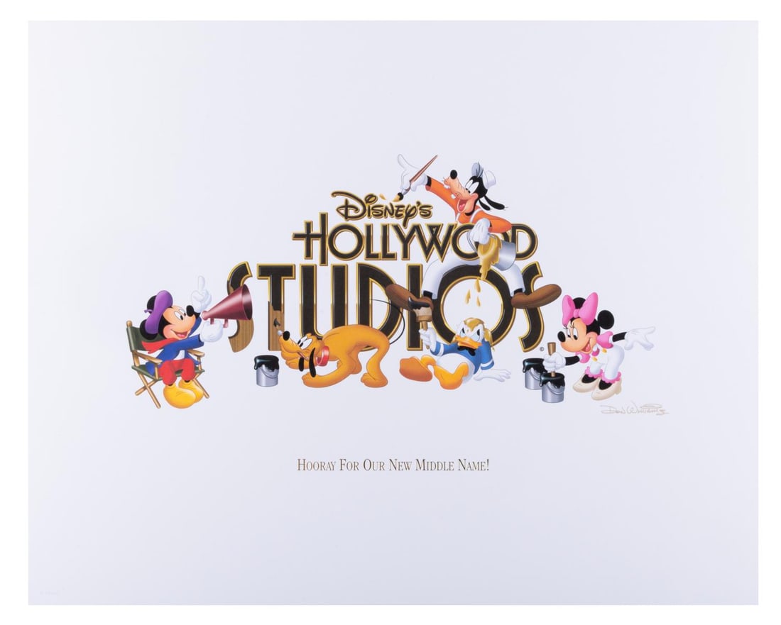 A Mickey & Friends Present Disney's Hollywood Studios Print.: (Disney Hollywood Studios, 2008) A "Hooray For Our New Name" Mickey and friends lithograph celebrating the change from Disney-MGM Studios to Disney's Hollywood Studios, with art by Don "Ducky" William